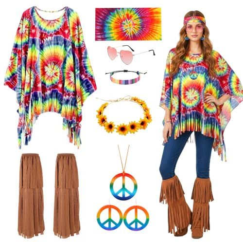 Carreuty Hippie Kostüm Damen Set, 70er Jahre Outfit Damen Karneval Kostüm Damen Hippie Accessoires mit Kleidung Brille Hippie Kostüm Accessoires für Karneval Disco Party Cosplay Mottoparty Halloween