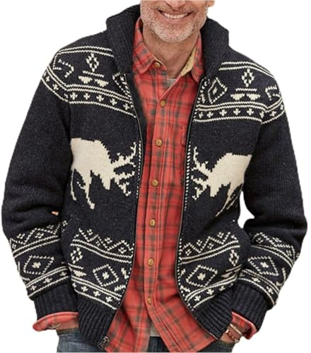 Foweknow Weihnachten Cardigan Herren Reissverschluss Strickjacke Ugly Christmas Sweater Weihnachtsjacke Winter Ohne Kapuze Warm Stehkragen Trachtenjacke Outdoor Langarm Gestrickt Winterjacke