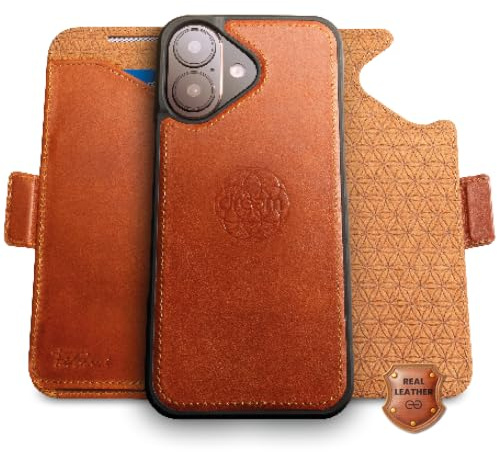 Dreem Echtleder Magnetische Abnehmbare Brieftaschenhülle für iPhone 17 | Neuartig vert/horiz Handyhalter, RFID-blockierende Kartenhülle, Kompatibel mit MagSafe, Geschenkbox [Fibonacci: Karamell]
