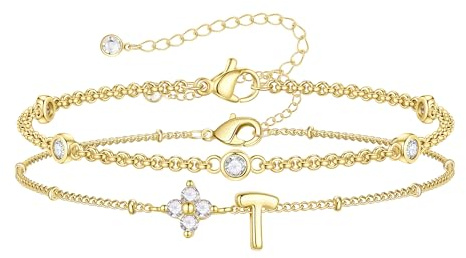 TINGN Armband Damen Gold - 14K Gold Vergoldete Vierblättriges Kleeblatt Armband mit Buchstaben CZ Armbänder Layered Buchstabe Armkette Damen Personalisierte Geschenke für Frauen Freundin Schmuck