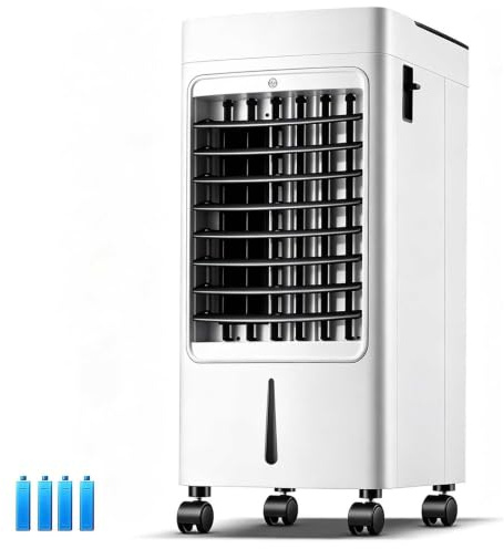 Condizionatore Portatile con Funzione Caldo Freddo, Raffreddatore d'Aria Evaporativo con 3 Velocità, Serbatoio da 5 Litri, Flusso d'Aria ad Ampio Raggio, 4 Siberini Inclusi