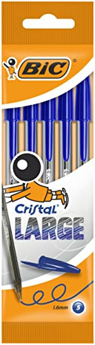BIC Cristal - Blíster de 5 unidades, large bolígrafos punta ancha (1,6 mm), color azul
