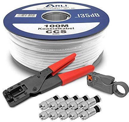 ARLI HD Sat Kabel 100 m Koaxialkabel 135 dB Koaxial 5-fach geschirmt inkl. Kompressionszange Kabelmesser 10 x F Kompressionsstecker Satkabel TV Antennenkabel Koax 4K