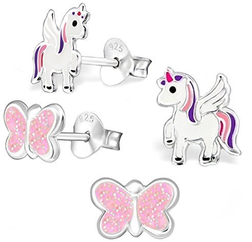 2 Paar Einhorn + Glitzer Schmetterling Set Ohrstecker 925 Echt Silber Mädchen Kinder Ohrringe