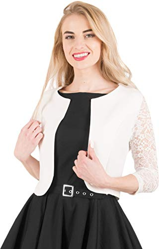 BlackButterfly Gekürzte 3/4 Spitze-Hülsen öffnen Bolero Abendjacke Bluse (Elfenbein, L)