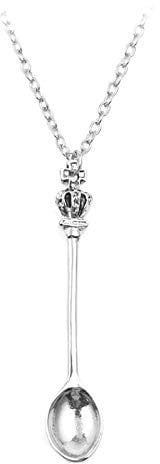 Bangle009 New Vintage Crown Mini Tea Spoon Pendant Women Necklace Long Chain Jewelry Gift - Silver