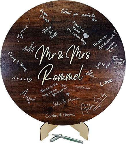 Manschin Laserdesign Personalisiertes 3D Schrift Gästebuch aus echtem Holz Gästebuch Alternative - Hochzeit - Jubiläum - Geburstag (Eiche Dunkel, Ø 50cm)