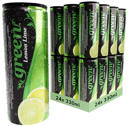 Green Lemon Lime - Low Calorie Soft Drinks - Sparkling Lemon Lime Flavour - No Added Sugar, Sweetened with Stevia, No Aspartame - Alternative Fizzy Drink - Bulk Pack 24 Cans x 330ml