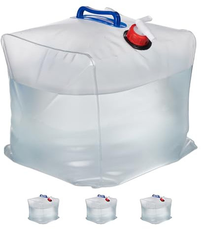 Relaxdays Pack 4 Bidones Plegables 20L, Garrafas Agua con Grifo y 2 Asas, sin BPA, Aptos para Alimentos, Transparente