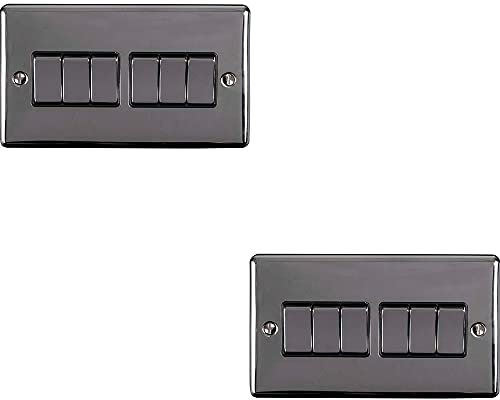 2 PACK | 6 Gang Multi Light Switch – BLACK NICKEL & Black Trim – 2 Way 10 Amp – Dark Gunmetal Decorative Wall Plate & Solid Metal Rocker – On/Off Mains Lighting Switch