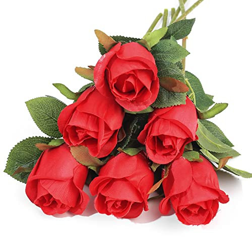 PanBeiQiWEU 6 Piezas Flores Rosas Artificiales, Rosas Flores de Imitación de Seda de un Solo Tallo, Ramos de Rosas Rojas Artificiales Falsas para Arreglos Florales Decoración
