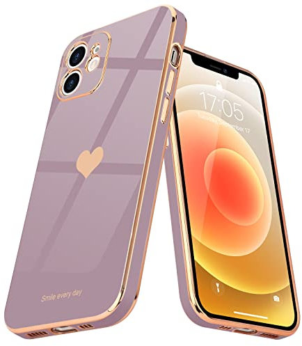 Teageo for iPhone 12 Case Cute Heart Pattern for Women Girls Slim Luxury Bling Plating Soft TPU Anti-Scratch Shockproof Bumper Phone Case for iPhone 12, Lavender