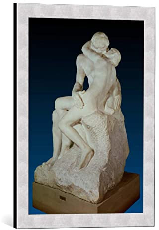 kunst für alle Bild mit Bilder-Rahmen: Auguste Rodin Der Kuss 1886 - dekorativer Kunstdruck, hochwertig gerahmt, 40x55 cm, Silber gebürstet