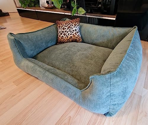 Hundebettenmanufaktur Hundebett Wildlederoptik Hundesofa Schlafplatz Velluto waschbar Farbe und Größe wählbar (90 cm X 70 cm, Alcantara grün)