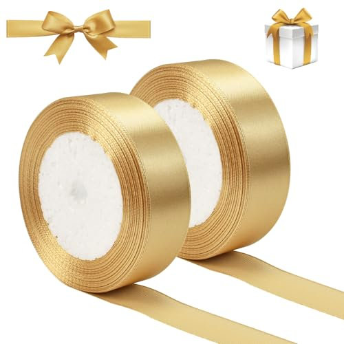 HAOMEEDUO 2 Rollen Satinband Gold 25mm x 22m Dekoband Breit Stoff Schleifenband Gold Stoffband Dekoration Geschenkband Goldenes Band Satin Doppelsatinband für Geschenkverpackung Basteln Hochzeit