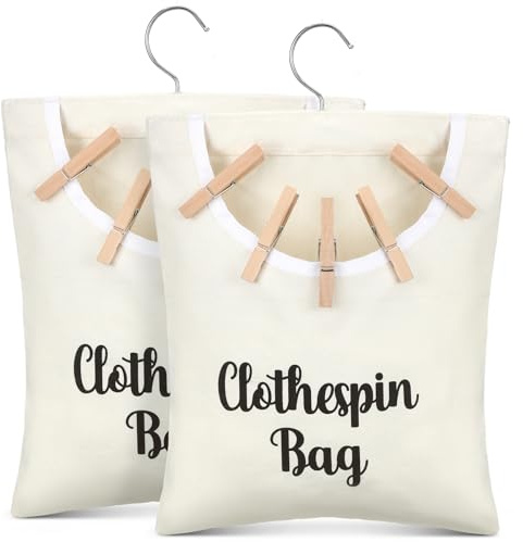 GliCraft 2 Pcs Canvas Clothespin Bag laundry Hanging Storage Organizer Clothes Pin Hanging Bag with Hook Clothespin Holder with an Extra Large Opening, Holds 100 Clothes Pins for Clothesline Outdoor