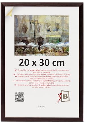 3-B Bilderrahmen LUND - Dunkel Braun (Nussbaum) - 20x30 cm - Holzrahmen, Fotorahmen, Portraitrahmen mit Acrylglas