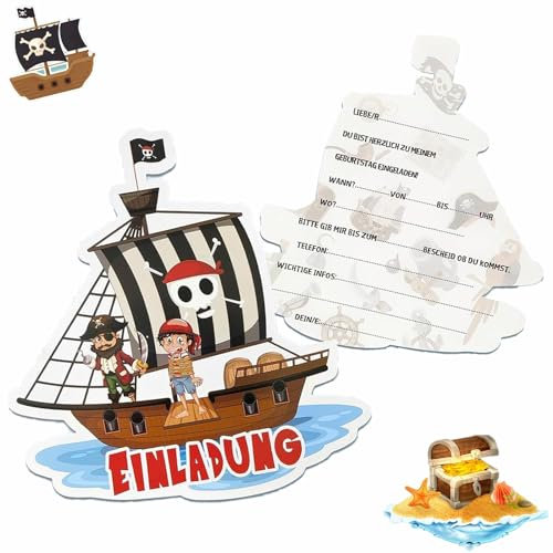 PEFOLOC 12 × Piraten Einladungskarten,Piraten Einladungskarten Kindergeburtstag,Piratenparty Kindergeburtstag,Einladung zum Kinder Geburtstag Party für Mädchen und Jungen