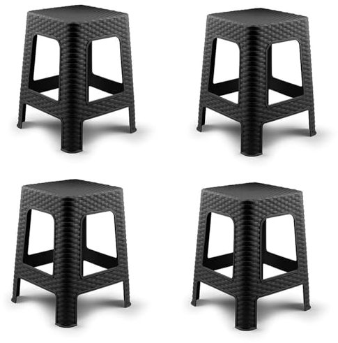 COSHANO 4X Taburete plástico Estilo ratán Moderno apilable para Interior y Exterior Fabricado en España - 36x36x45cm (4, Negro)