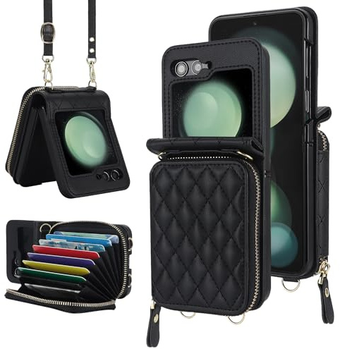NINKI für Samsung Galaxy Z Flip 6 Geldbörse Hülle mit Kartenhalter, Leder Abnehmbare Schlutergurt Case für Samsung Z Flip 6 Wallet handyhülle, Galaxy Z Flip 6 Telefonhülle für Frauen Schwarz
