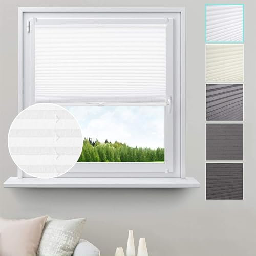 WOLTU Plissee ohne Bohren Klemmfix Faltrollo Jalousie Weiß 75x200cm (BxH), Plisseerollo Crushed Optik Sichtschutz und Sonnenschutz Easyfix lichtdurchlässig Rollo für Fenster & Tür