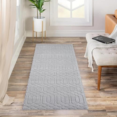 payé Teppich Läufer Kurzflor Grau 80x300cm Flur Wohnzimmer Ornament Vintage mit Hoch-Tief-Effekt, 3D Effekt, Weich