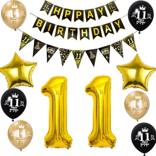 Luftballon 11. Geburtstag Dekoration Junge Mädchen Schwarz Gold 11 Geburtstag Junge Party Deko geburtstagsdeko 11 jahre Mädchen 11 Geburtstag Banner Wimpelkette 11 Geburtstag Junge Dekoration