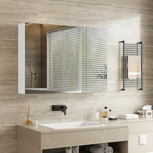 mojiasion Armoire Murale Salle de Bain avec Miroir 60x80x16cm (H × L × P) - 3 Portes, 3 Étagères Réglables, Grand Rangement Antihumidité, Blanc (Design Moderne)