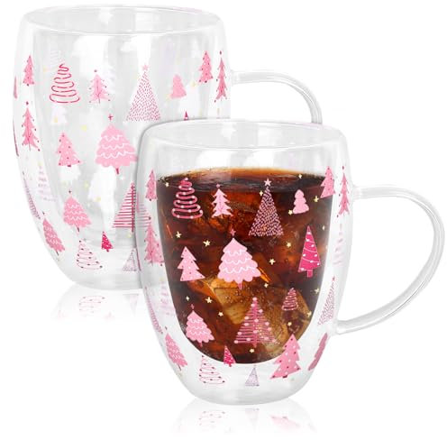 JarThenaAMCS Christmas Double Wall Glass Coffee Mugs 12oz Cute Pink Xmas Tree Insulated Glasses Clear Espresso Cups with Handle for Home Holiday Supplies, Set of 2
