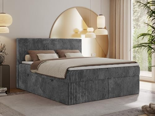 MKS MEBLE Boxspringbett 180x200 Grau Cord Mit Matratze H4, Bettkasten und Kopfteil - Doppelbett Mit Stauraum, Polsterbett Tiliano