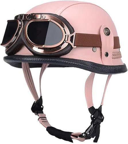 RCGNR Demi-Casque De Moto Approuvé ECE - Style Allemand Vintage - Cuir Retro Open Face Demi Casque de Cuir avec UV Lunettes pour Homme et Femme pour Scooter, VTT, Skateboard,Rose,XXL