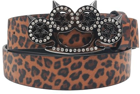 AGUTALITHIC Nietengürtel Mit Leoparden Für Herren Damen Western-Cowgirl Cowboy Bling Strass Kristall Katzen Tatze Hohl Gürtelschnalle Nietenbesetzter Ledergürtel(105cm/41, Brown)