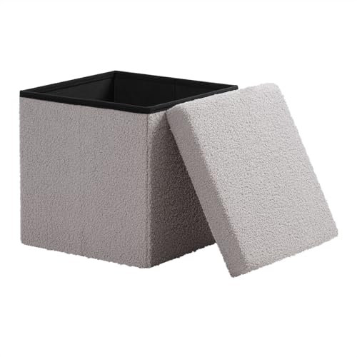 eSituro Tabouret Pouf Pliable, Pouf Coffre de Rangement, Tabouret Cube Pliant avec Couvercle Amovible, Boîte à Jouets, Repose-Pieds Pliable en Tissu Polaire, Gris Clair, 38x38x37cm
