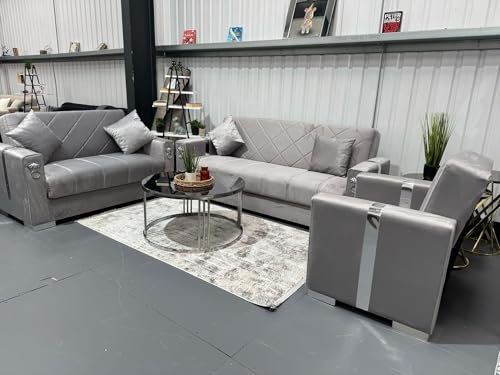 Stella Furniture Lion 3 and 2 Seater Sofa Set with Storage for Living Room - Convertible 2 and 3 Seater Sofa Bed, Couches with Cushions - Free Assembly & Delivery (3+2 Seater, Gray/Silver)