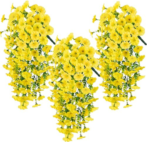 LIUYIDM 3 st konstgjorda Morning Glory hängande växter (gul) | Hängande växt konstgjorda blommor hängande dekorativa växter, vattentäta och solbeständiga, vardagsrum, balkong, trädgård