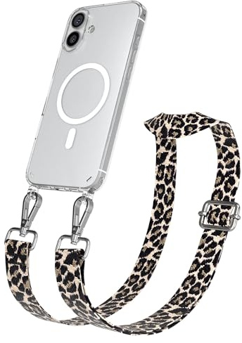 EAZY CASE Handykette - Verstellbares Taschenband kompatibel mit iPhone 16 Plus, Schulterriemen, Handykordel mit Silikon Hülle, Qi Charging kompatibel, Umhängetasche, Leo - Schwarz Beige Silber