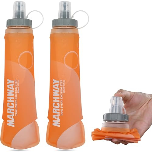 MARCHWAY Soft Hydration Flask with Wide Mouth, 300ml/500ml Collapsible TPU Water Bottle, Leakproof Portable Flexible for Running, Hiking, Cycling, Climbing, Gym, Travel (2pcs Orange 300ml)