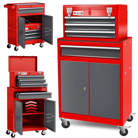AIRAJ Tool Chest 4-Drawer | 40'' H Rolling Tool Chest with Wheels | Detachable Top Metal Tool Box | Garage Storage Cabinet for Repair Room,Warehouse | Sturdy and Durable| Red