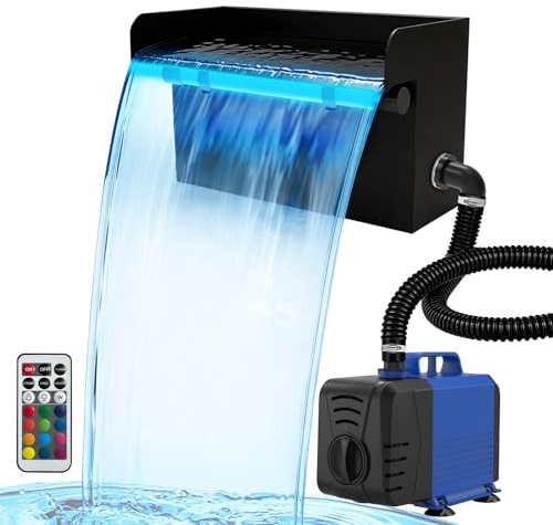 Devopet Pond Waterfall Spillway Kit, 12 Stainless Steel Spillway with Remote Control LED Lights, 660GPH Submersible Water Pump, Outdoor Waterfall Fountain for Water Feature, Garden, Backyard, Pool