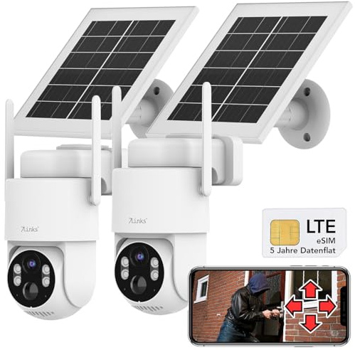 7links Überwachung Outdoor: 2er-Set 4G/LTE-Akku-Außenkameras, eSIM & 5 Jahren Datenflat, 2K, Solar (Akku Außenkamera, Kamera eSIM, SIM)