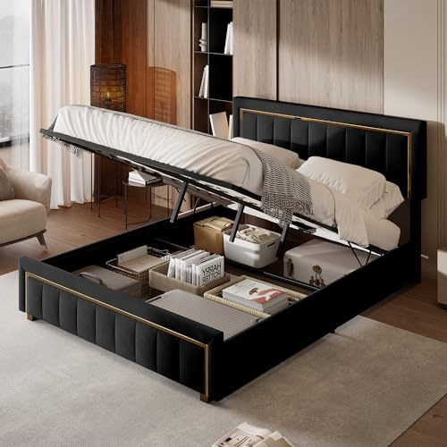 ZYLARNA Doppelbett 140x200 Schwarz Samt, Polsterbett mit Stauraum und Lattenrost, Hydraulisch Stauraumbett Bettgestell als Jugendbett für Schlafzimmer
