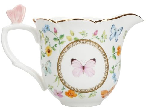 MamboCat Dancing Butterflies Milchkännchen aus Porzellan I 200 ml I florales Dekor I 3D-Schmetterling am Griff, Goldränder I Sahne-Kanne, Gießer für Kondensmilch