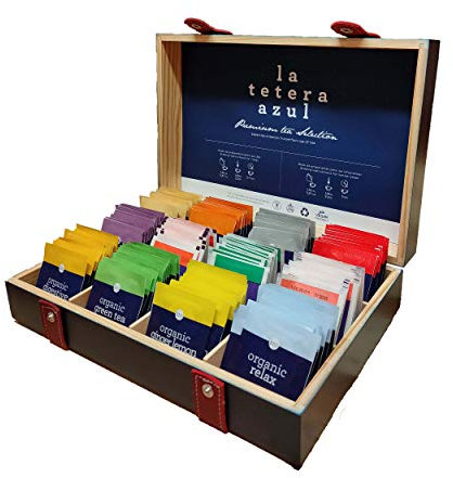 LA TETERA AZUL Pack De Infusiones en Caja Premium Organizadora de Madera. Caja Surtida De Infusiones Variadas. Set Ideal Para Regalo. 120 Estuches Envueltos Individualmente.
