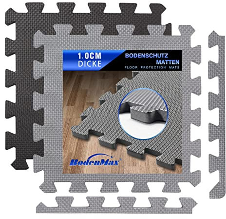 BodenMax Tapis Puzzle Sport Maison Tapis Anti Bruit Dalles clipsables Mousse EVA 10mm Dalle Garage Tatami Puzzle Dalles amortissantes Tapis Isolant | Noir 30x30x1cm | 18 Dalles Mousse Sport | 1.66m²