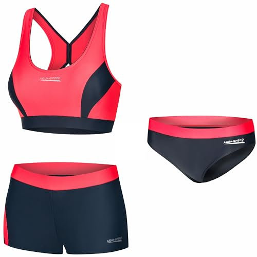 Aqua Speed Damen Bikini Set + Bikinihose | Bustier Oberteil | Hose | Sport Badebekleidung für Mädchen Frauen | Zweiteiler Schwimmen | Coole Schwimmbekleidung | Gr. 38, 36 Rot - Grau | Fiona