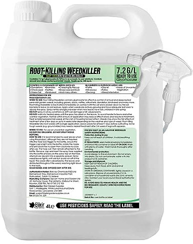 Elixir Gardens 4 Litre Deep Root Killing Glyphosate Weed Killer | 7.2g/l Herbicide & Weedkiller | Ready to Use Formula Supplied with Spray Head & Hose | 4L Bottle x 1