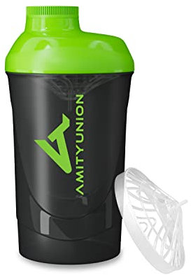 AMITYUNION Shaker per proteine - L'ORIGINALE Senza BPA con setaccio, scala per frullati di siero di latte cremosi, tazze Gym Deluxe per isolati e concentrati sportivi, (Verde nero)