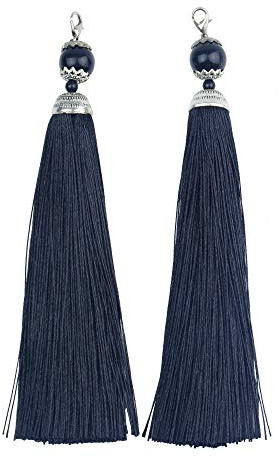 Makhry 10 Stücke 6,3 Zoll Handgemachte Seidige Floss Karabinerverschluss Quaste Schlüsselanhänger Perlen Lesezeichen Quaste Anhänger für DIY Handwerk Schmuck Frauen Ohrring (Schwarz, Lange)