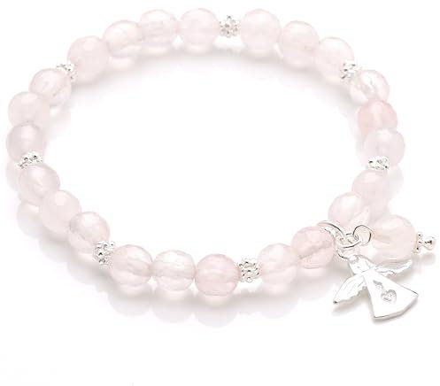 KARYSMA Rosenquarz-Armband Damen mit Schutzengel Silber, perfektes Geschenk für Mädchen zur Kommunion, Naturstein
