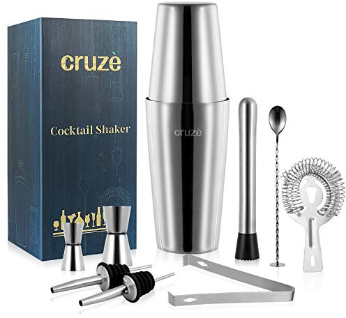 Cocktail Shaker Set 9-Piece | Premium Stainless Steel 25oz Bartender Kit with Strainer & Bar Tools - Professional Barware for Home Parties